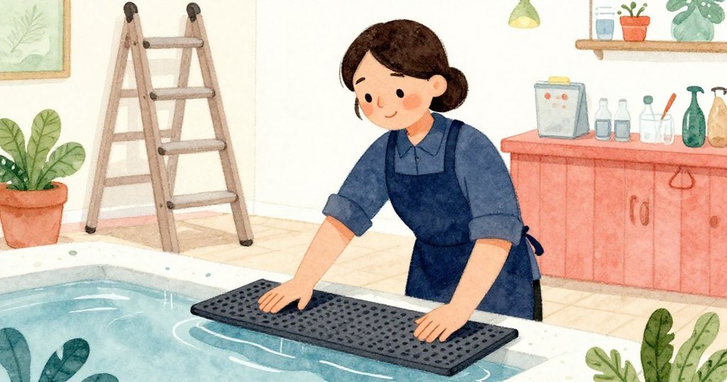 店員梅芙注意到滾動中的梯子，決心將橡膠墊推向流動水跡，面部表情堅定，充滿緊張感