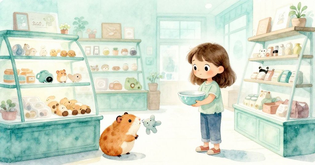 艾達回到展示區，盤子中剩下半滿水，倉鼠甦醒並嗅聞毛絨玩具，室內光線柔和傳達平靜結局