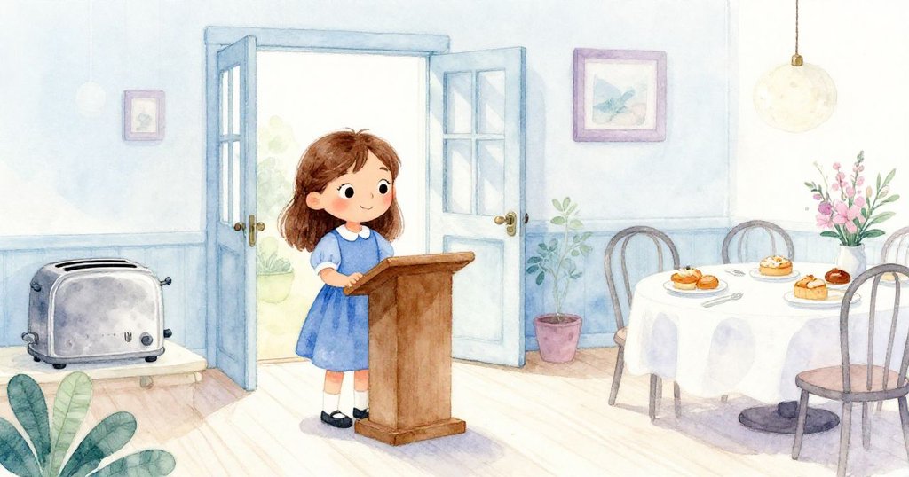 在溫暖的餐廳內,Fern站在入口講台前,神情好奇地環顧四周,背景中擺滿軟綿的可頌與銀色烤麵包機。