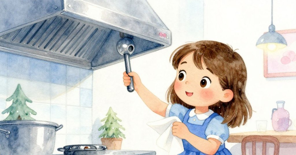 在廚房門邊,Fern用餐巾紙抓著沾有油垢的短槓柄,手法細膩,臉上流露出堅定和緊張的神情。