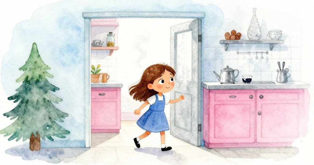 Fern朝向半開的廚房門邊走去,空氣中充滿散發洋蔥與胡椒香氣的蒸氣,背景漸層出熱鬧餐廳景象。