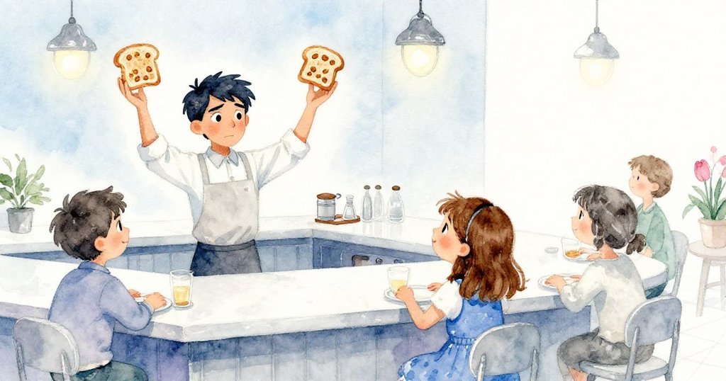 Sage在吧檯區邊攜帶肉桂葡萄乾蜜脆土司,Fern在旁協助,整個餐廳充滿忙碌卻溫馨的氛圍。