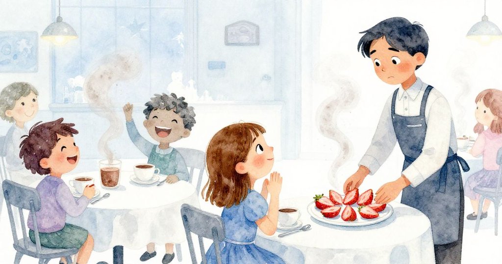 在餐廳內,隨著槓柄鬆開,熱巧克力粉紛飛,Sage迅速調整草莓點綴,孩子們歡笑,Fern露出驚喜與安慰的神情。