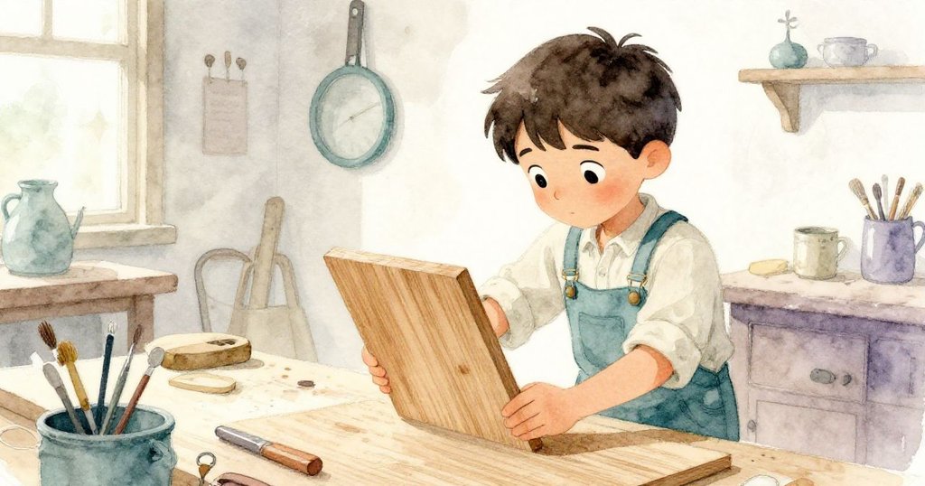 多里安在寧靜工作室內小心地將橡木板放在工作臺上,四周留白強調專注與安靜的工作氛圍。