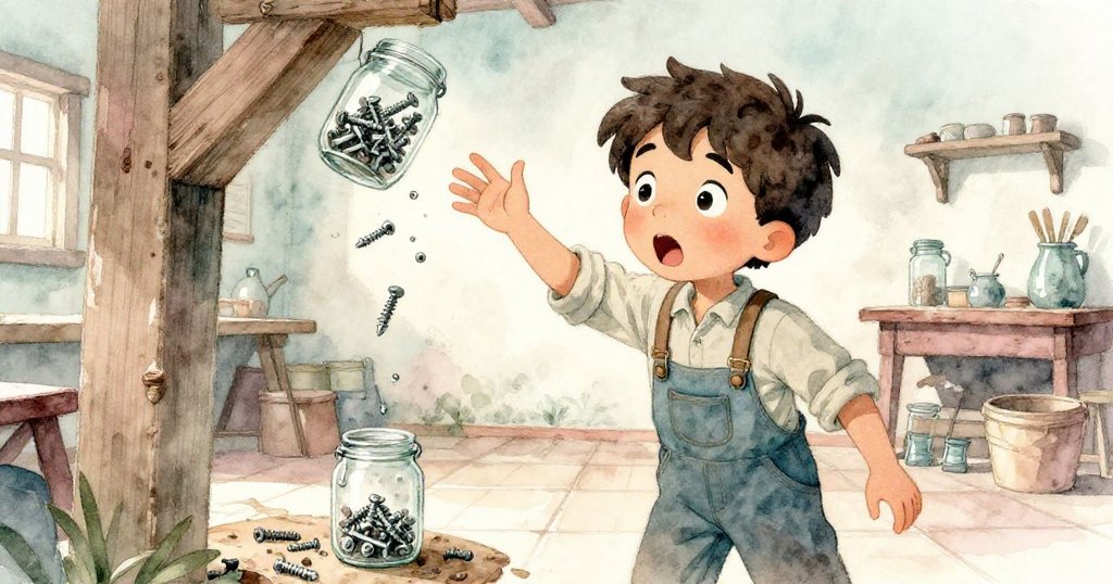 多里安驚訝地注視著從彎曲樑上掉落的螺絲罐,螺絲散落在瓷磚上,環境細節豐富展現意外瞬間。