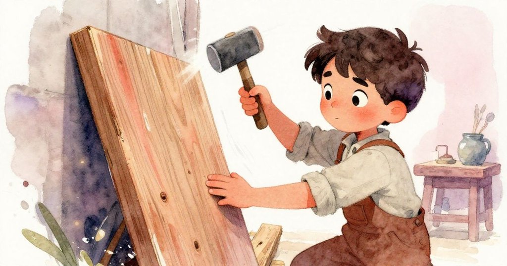 多里安充滿幹勁地用木槌敲打橡木板邊緣,動作生動傳達出認真調整部件時的力量與決心。