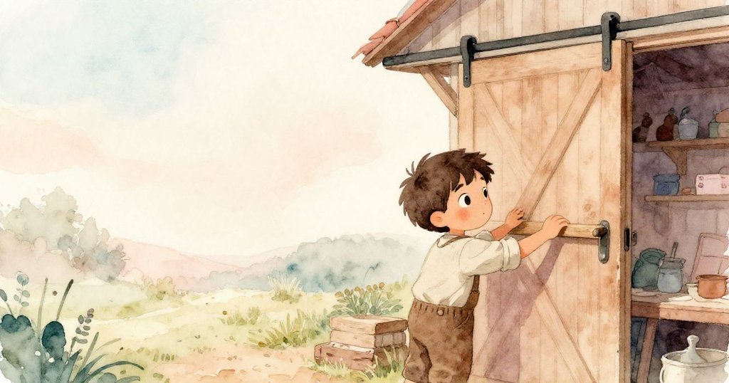 黃昏時分,多里安輕輕關上農舍車間的重木門,柔和暮光映照下,工作結束後帶來寧靜與安心的氣氛。