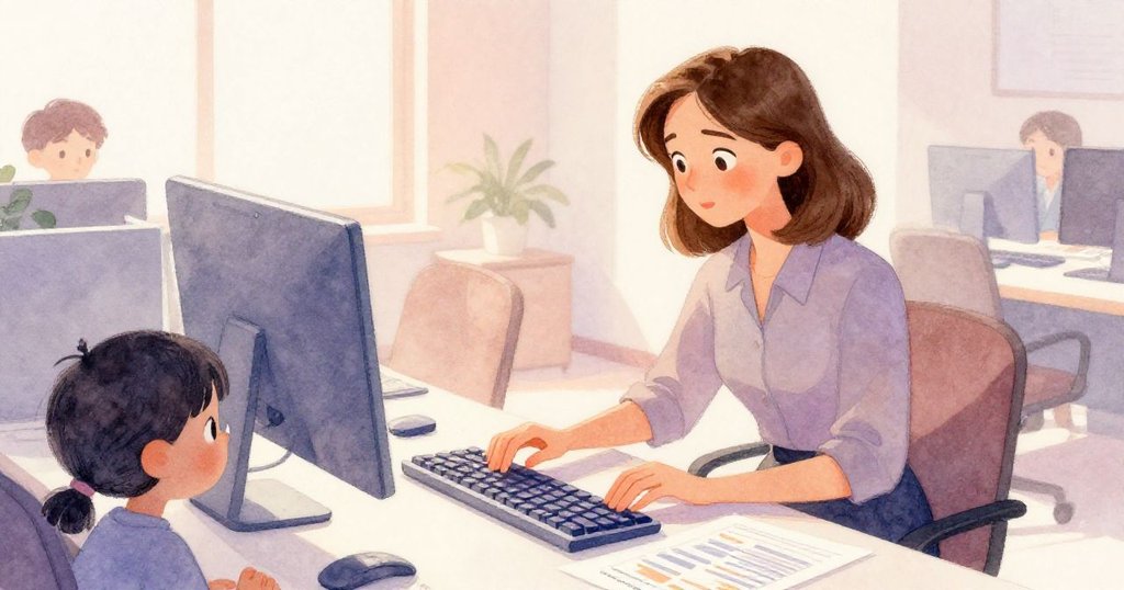 Vera在現代辦公室的書桌前輕觸塑料鍵帽與印刷文件,溫暖光線灑落,展現出忙碌且充滿希望的開端。