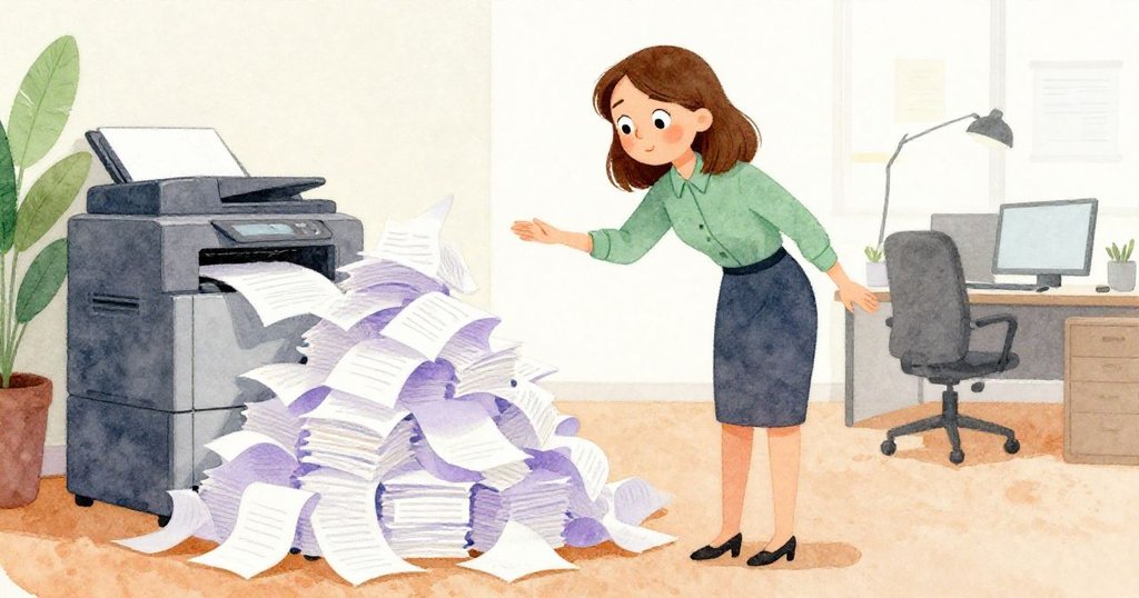 Vera走向印表機區,面對捲曲邊緣的混亂紙堆,室內自然光與綠紫色調交錯,展現出解決難題的動感。