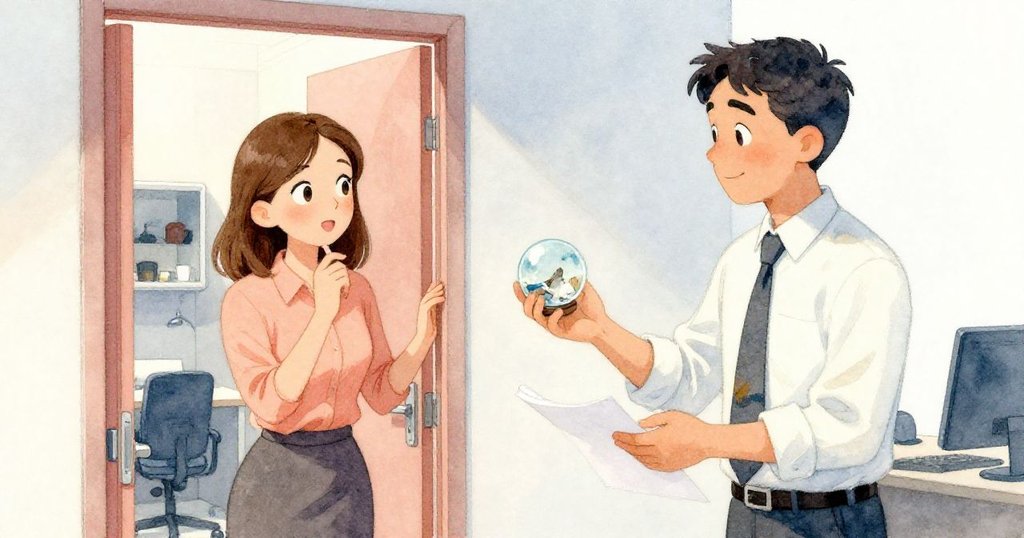 Ian從休息室入口出現,手持玻璃壓紙器協助Vera解決卡紙問題,二人默契合作,充滿溫情辦公情景。