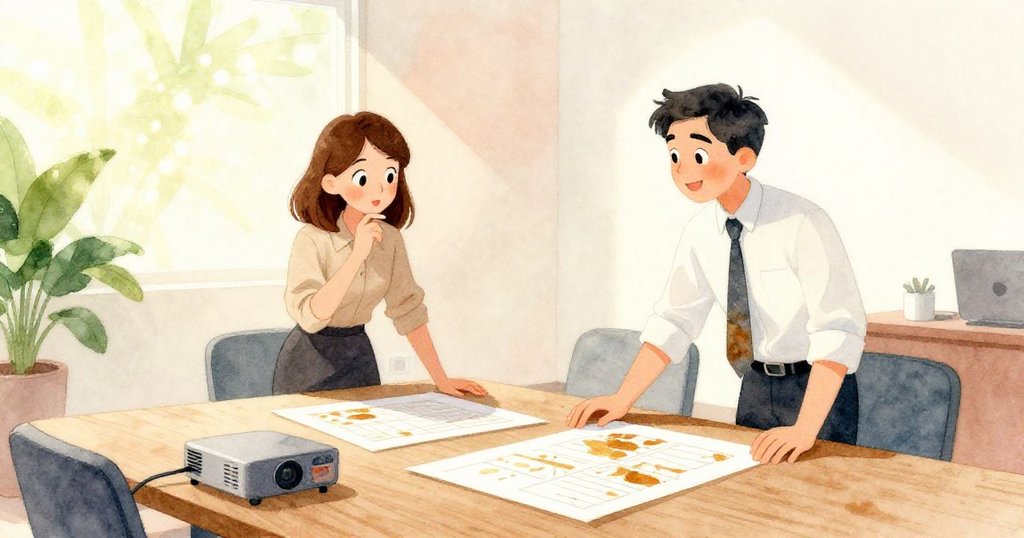 在會議室C中,Vera與Ian急忙整理染上琥珀墨跡的文件,巧妙固定投影線,呈現出克服挑戰的堅毅與團隊精神。