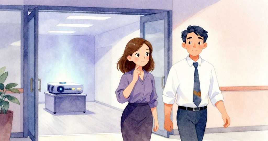 在投影儀靜止微光中,Vera與Ian並肩走出會議室,留下充滿溫暖與寧靜的辦公空間,結束一天的挑戰。