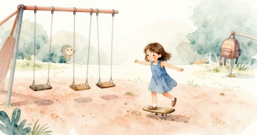 在柔和晨霧中，棕髮藍衣喬伊在遊樂場上平衡盤子和泡沫靠墊，忘記的書包懸掛在搖晃的鏈條上，神情專注且充滿活力。