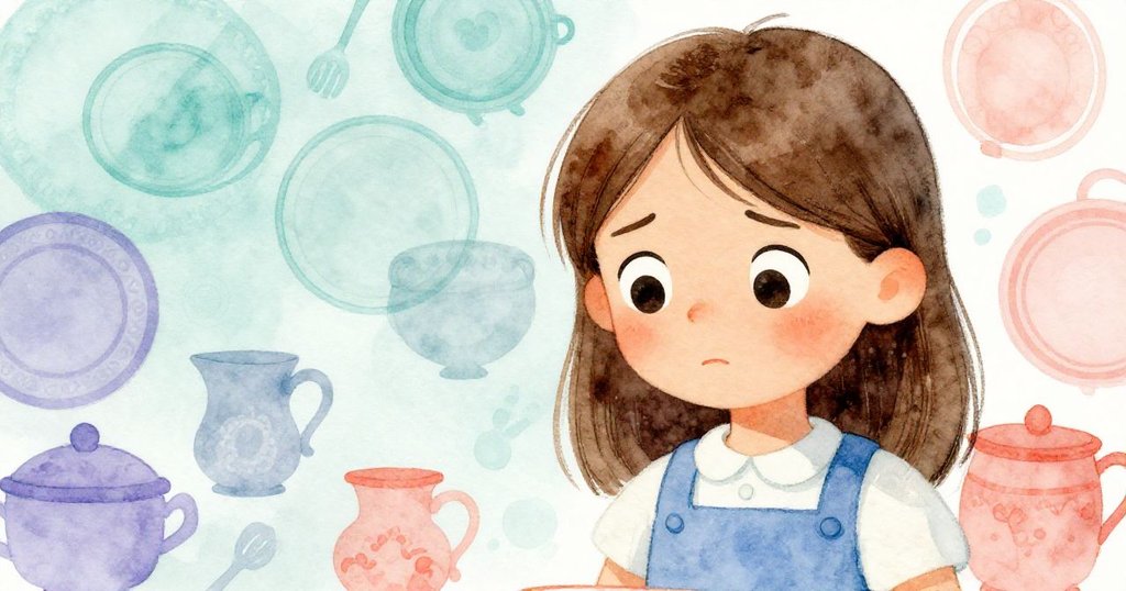 特寫中，棕髮藍衣喬伊緊握盤子，臉上流露出專注與擔憂的神情，背景細緻呈現遊樂場物件的溫暖色調。