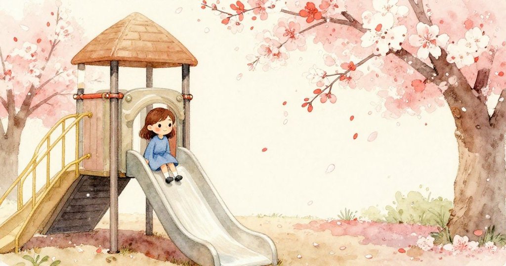 喬伊走向滑梯時停下腳步，柔和的櫻花瓣在空中飄散，與她手中靠墊形成對比，畫面兼具寧靜與動感。