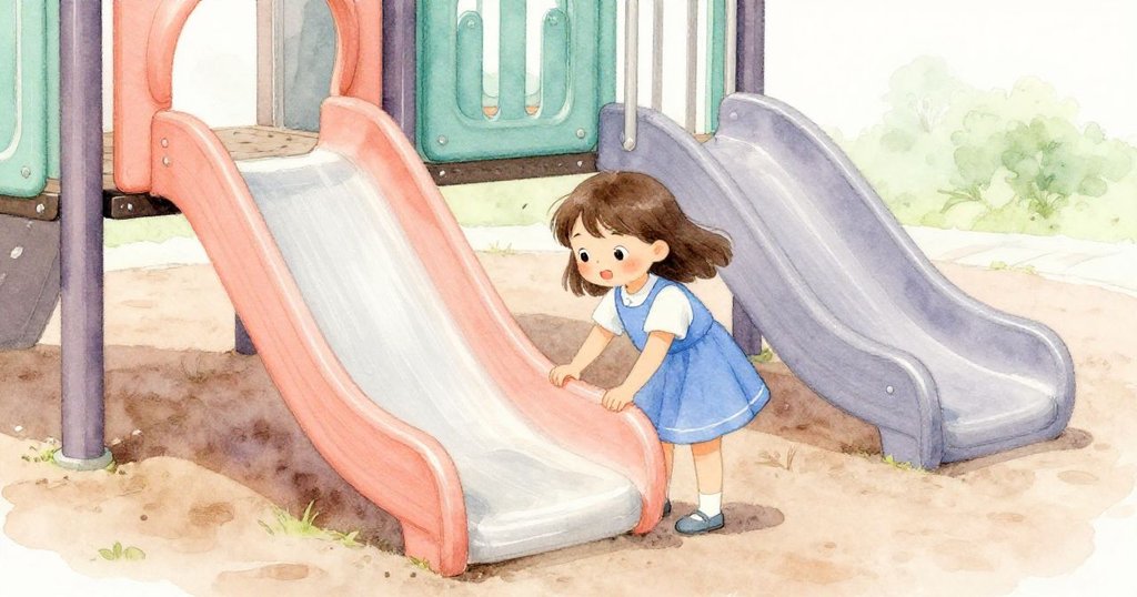 喬伊在滑梯平台上將靠墊輕放於草地，周圍金屬長椅與塑膠遊具在柔光中映現，微風吹拂間充滿溫暖活力。