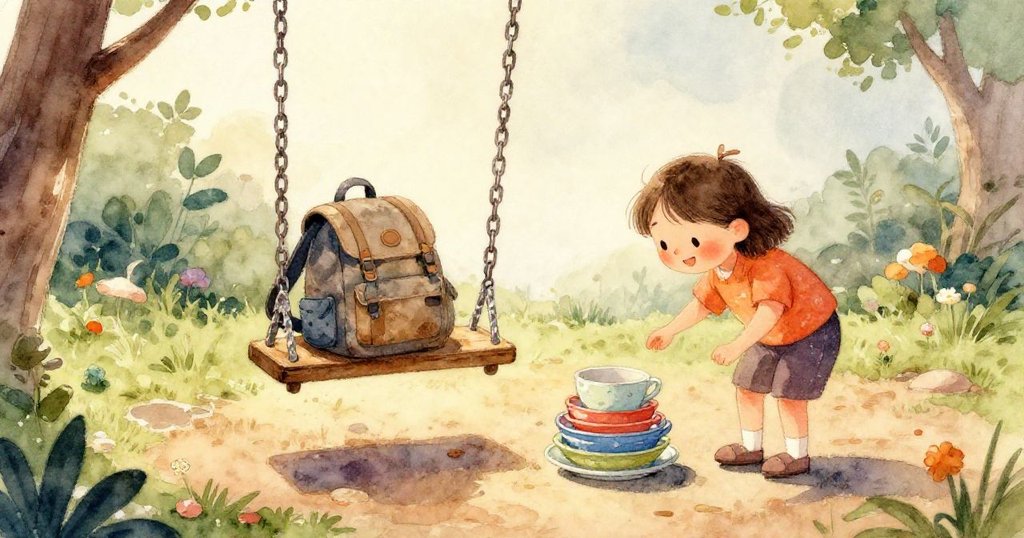 動感瞬間中，靠墊迅速滑下撞上翻倒的塑膠桶，沙子濺起並觸動彩棱玩具閃爍，場景充滿緊湊、活力與溫暖色彩。