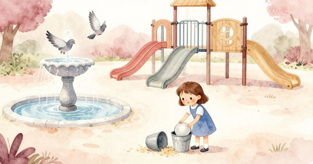 故事尾聲，喬伊穩住散落的盤子並站到水泉邊，灰鴿在上空優雅飛翔，環境呈現草地與柔和暖色調，結束充滿寧靜與延伸意境。