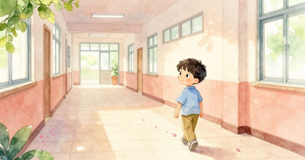 Forrest 漫步於學校長走廊,觀察地上淡粉色花瓣痕跡,環境安靜柔和,神情充滿好奇。