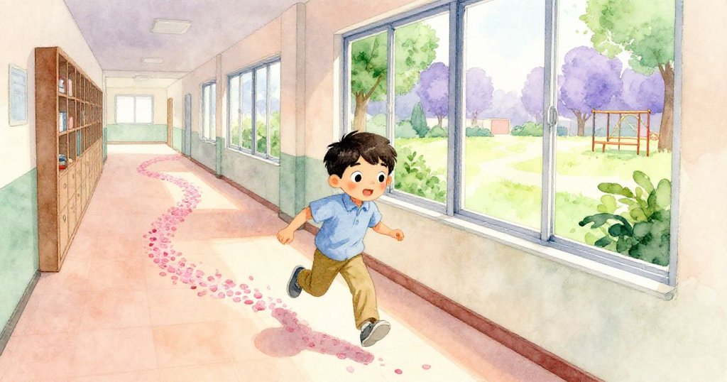 Forrest 沿著蜿蜒花瓣痕跡前行,瞥見大窗外活躍遊樂場,景象從寧靜走廊延展至窗外動感畫面,情緒好奇而投入。