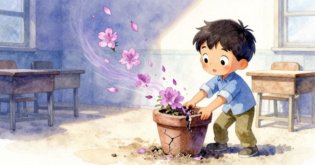 Forrest 在塵封課室內傾斜破舊花盆,脆弱的杜鵑花瓣猶如舞動的軌跡紛飛,動態鏡頭捕捉他專注動作。