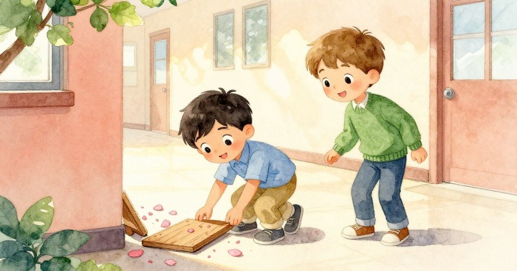 Forrest 發現松動地板上的花瓣線索,與好奇的好友 Alex 共同檢視,彼此眼神中流露出驚喜與決心,結局充滿溫馨。