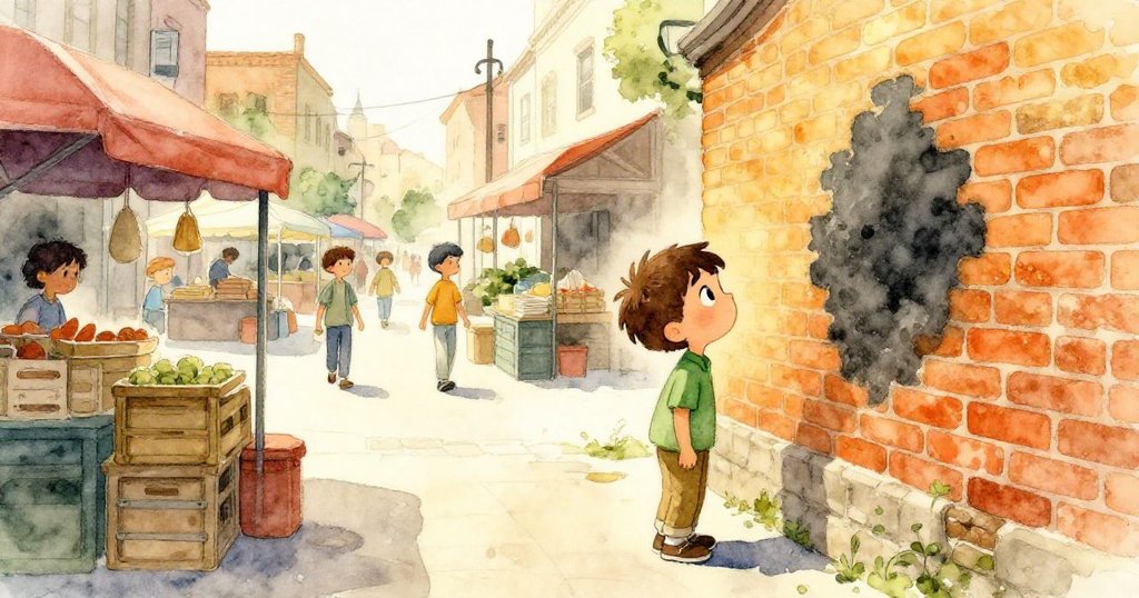 塞斯在繁忙街市中靠近堆疊木箱，注視磚牆上神秘陰影，表情好奇緊張，現場熱鬧卻撫摸一絲神秘。