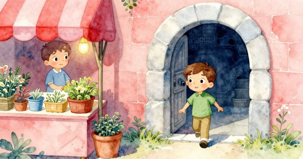 塞斯走向石塊間隙，左側草藥攤明亮溫暖，右側鐵庫陰暗神秘，充滿對比且表情專注。