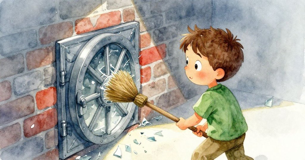 從高處俯視，塞斯用掃帚撬開鐵庫蓋，周圍破碎玻璃反射陽光，動作堅定中帶有一絲脆弱。