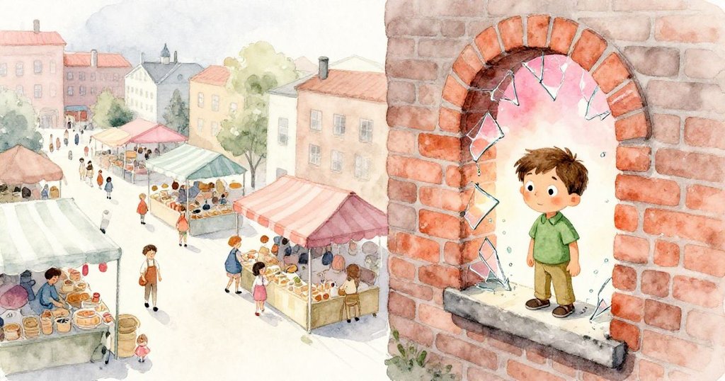 從高處俯瞰，市場熱鬧中塞斯在牆邊操作，碎玻璃投射出粉紅及橙光譜，場景展現城市活力與魔幻感。