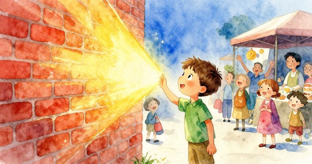 市場人群圍觀牆上彩虹光譜，塞斯自豪站立，眾人流露驚奇與快樂，現場洋溢暖意與歡樂。