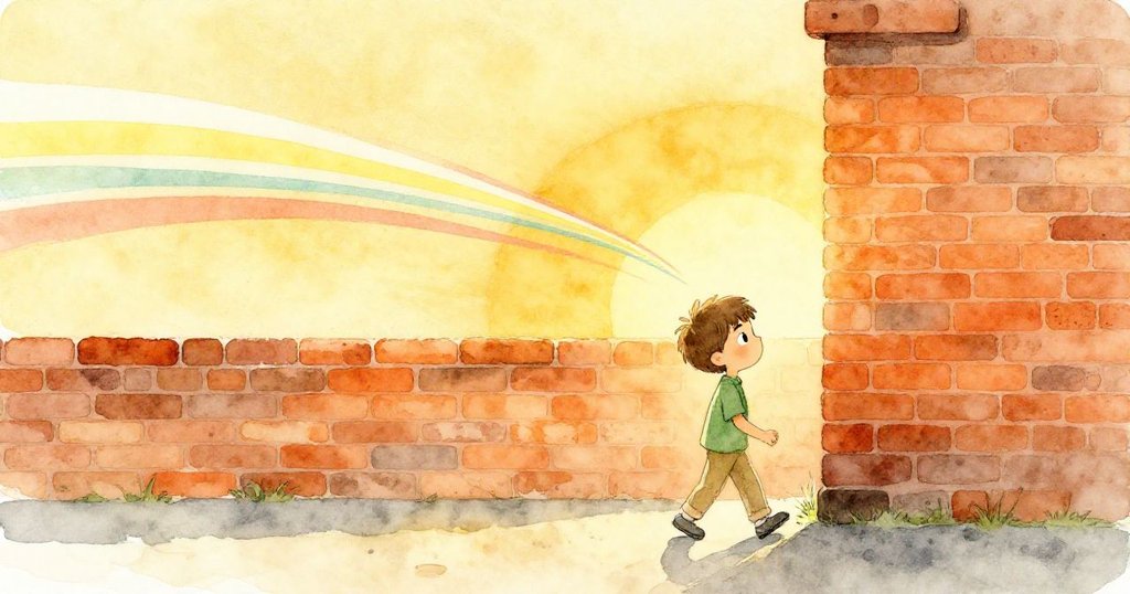 夕陽餘暉中塞斯離開市場，牆上彩色光帶漸隱淡去，營造出溫暖、平靜且充滿回憶的夜幕將臨氛圍。