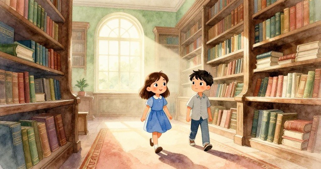 Mae與Rafe踏入充滿歷史感的圖書館，窗光柔和灑下，兩人滿懷好奇探索古老書架與厚重地毯，表情興奮溫暖，場景廣闊。