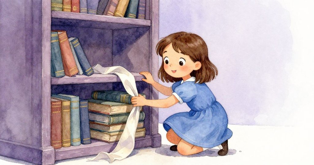 Mae蹲下仔細探查書架間的隙縫，輕推厚重百科全書，露出隱藏其中的褪色絲帶，神情專注且充滿期待。