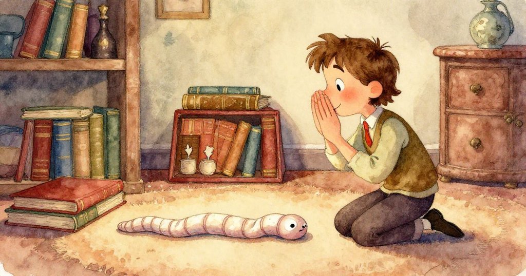 一隻橙色小貓從書架旁低角度凝視Mae輕推百科全書，隱藏絲帶若隱若現，場景充滿好奇與溫暖神秘感。