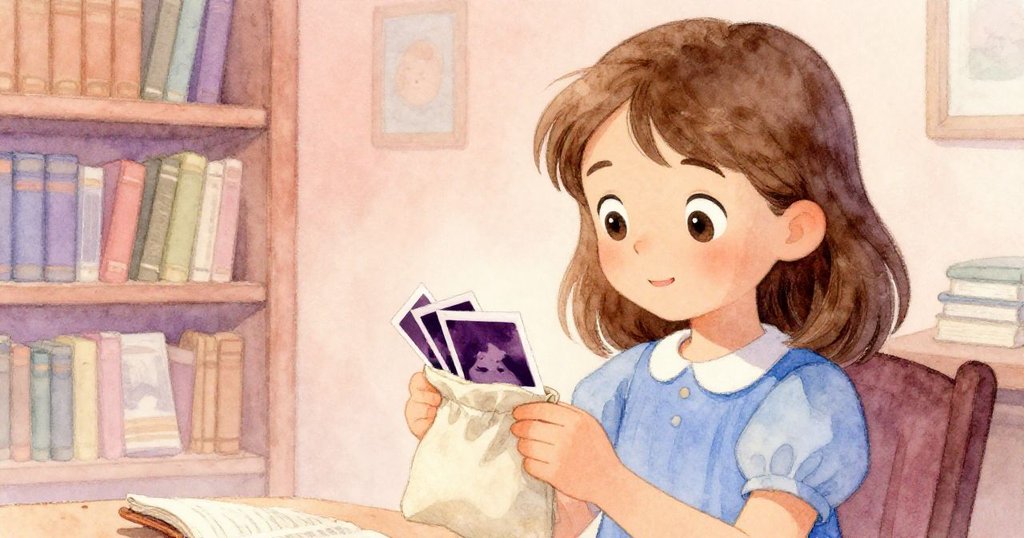 Mae輕捧著裝有三張舊膠片的薄袋，柔和暖光與懷舊色調交織，映出一段深情而溫馨的記憶。