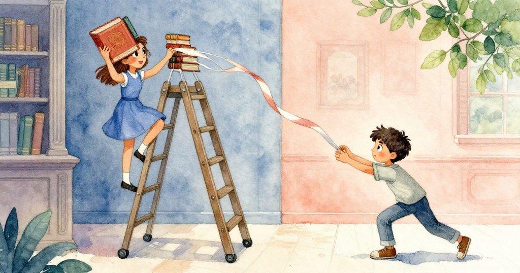 Rafe攀爬搖晃的梯子，同時Mae用力推移百科全書，激起絲帶邊緣鬆散飛揚，充滿動感與協同努力。