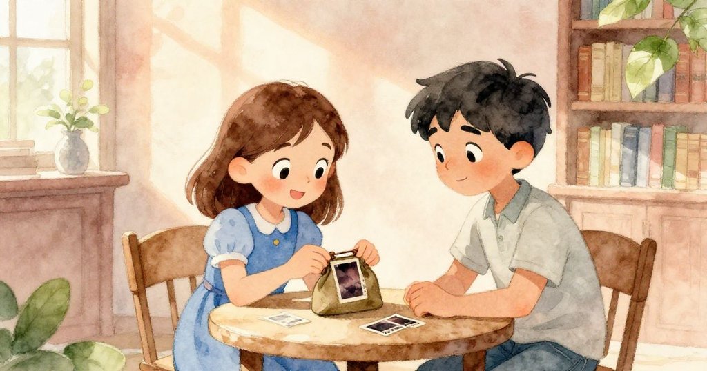 Mae與Rafe在柔和燈光下相聚於小桌旁，共同檢視發現的薄袋與膠片，臉上流露驚喜與滿足，溫馨而圓滿。