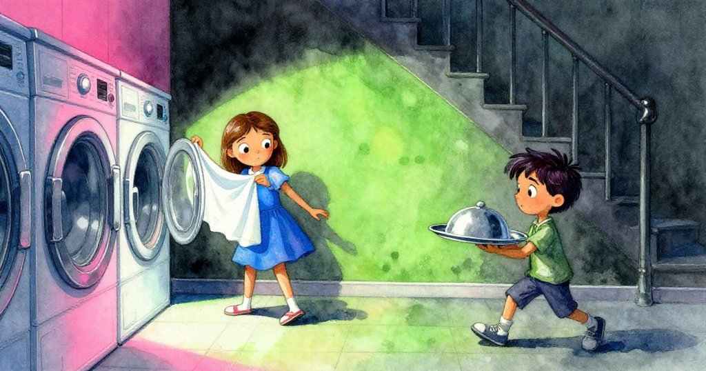 艾拉小心托著濕桌布，伊凡跟隨端盤，走廊內燈光對比強烈，洗衣房門震動透露劇情起始。