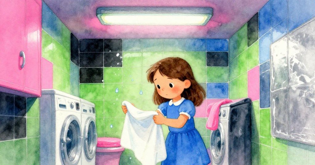 艾拉在狹窄洗衣房內，小心持桌布，燈光閃爍中展露緊張神情，空間散落水珠映出未來發展。