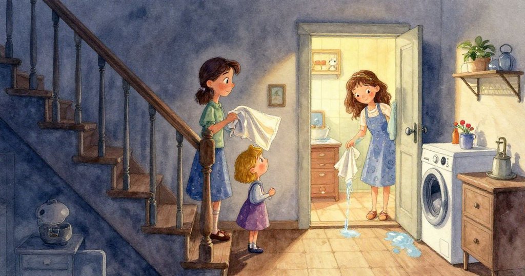 掃把意外擊中洗衣精瓶，水桶傾覆水花四濺，家中用品撞擊呈現動態混亂與豐富細節。