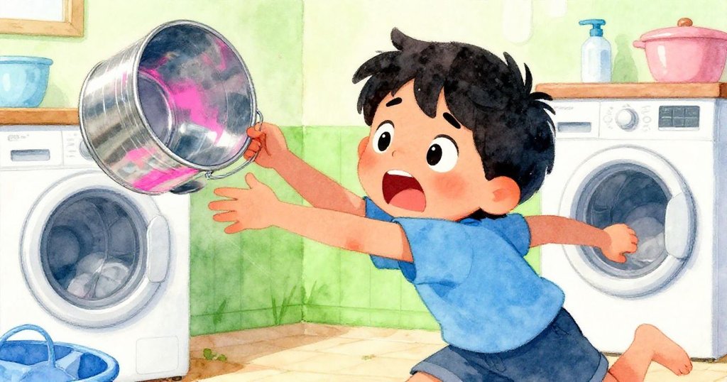 伊凡急速伸手抓住傾倒水桶，臉上流露專注與急切，近鏡頭捕捉家務意外瞬間。