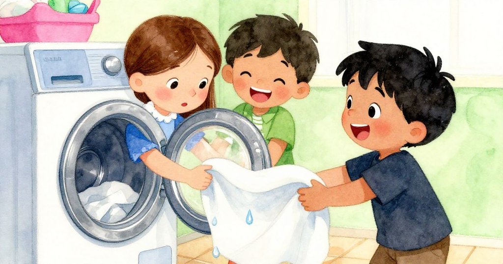 艾拉與伊凡歡笑合作，清理洗衣機內濕桌布，室內氣氛由緊張轉溫馨，展現團隊默契。