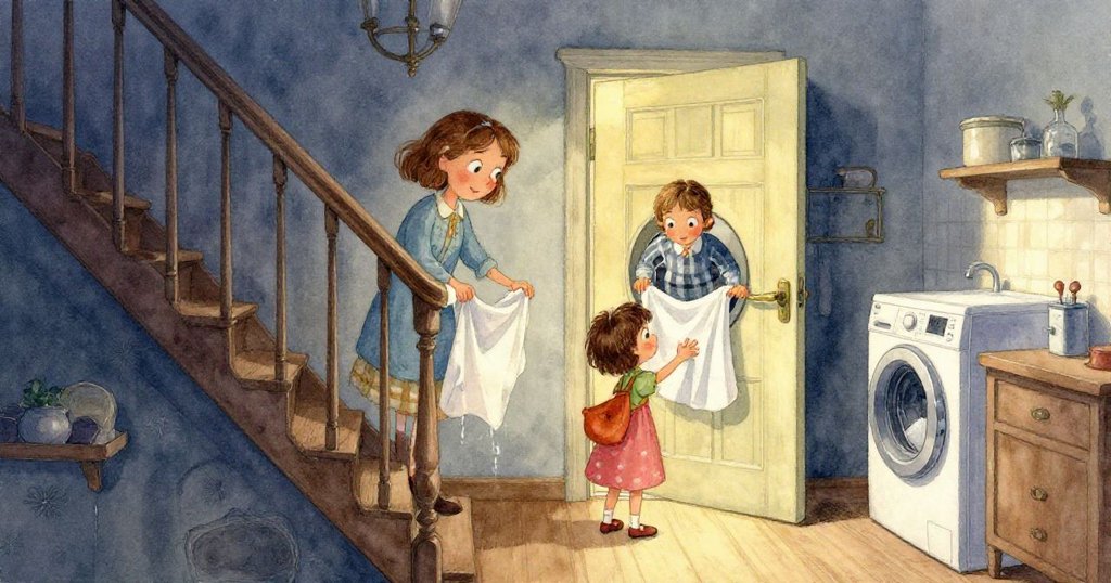 走廊外鄰居微響音樂中，鴿子振翅飛向陽臺，空間開放延續故事情節，呈現和平與希望氛圍。