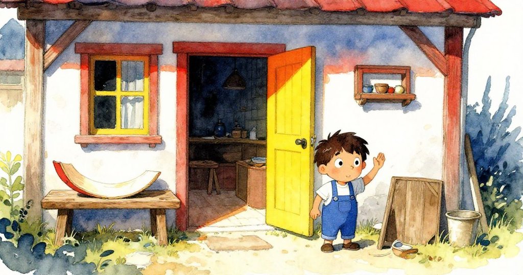 杰斯帕在陽光下的作坊外，觸摸著帶曲線的木板，展現初探工坊的好奇與興奮。