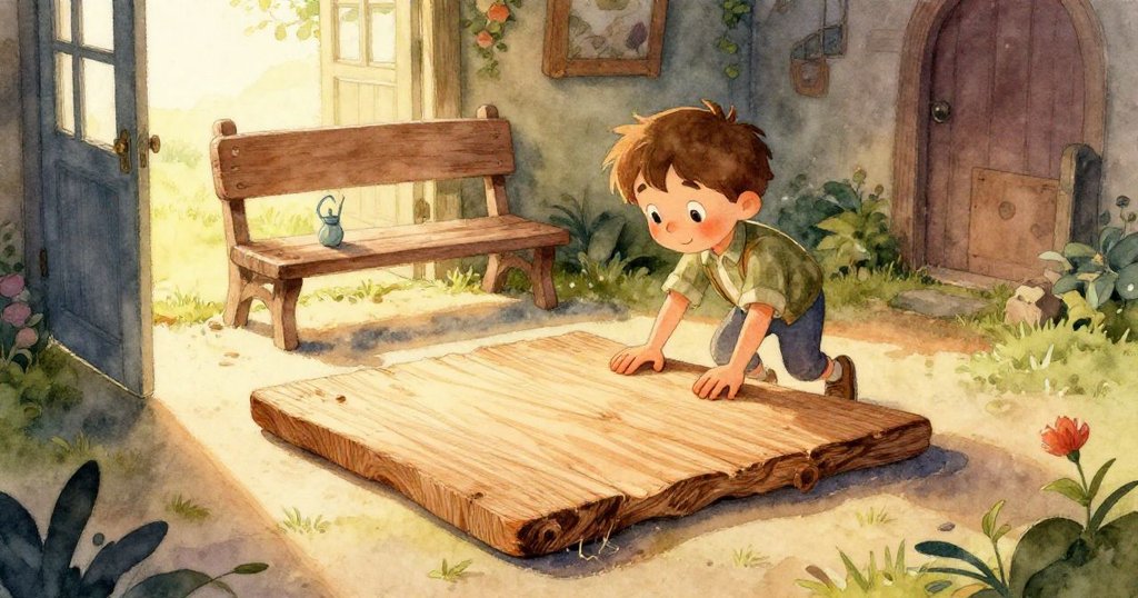 杰斯帕的手觸摸著刻有細拱形紋理的木板，溫暖光線下展現出精緻木紋與鋸末的細節。