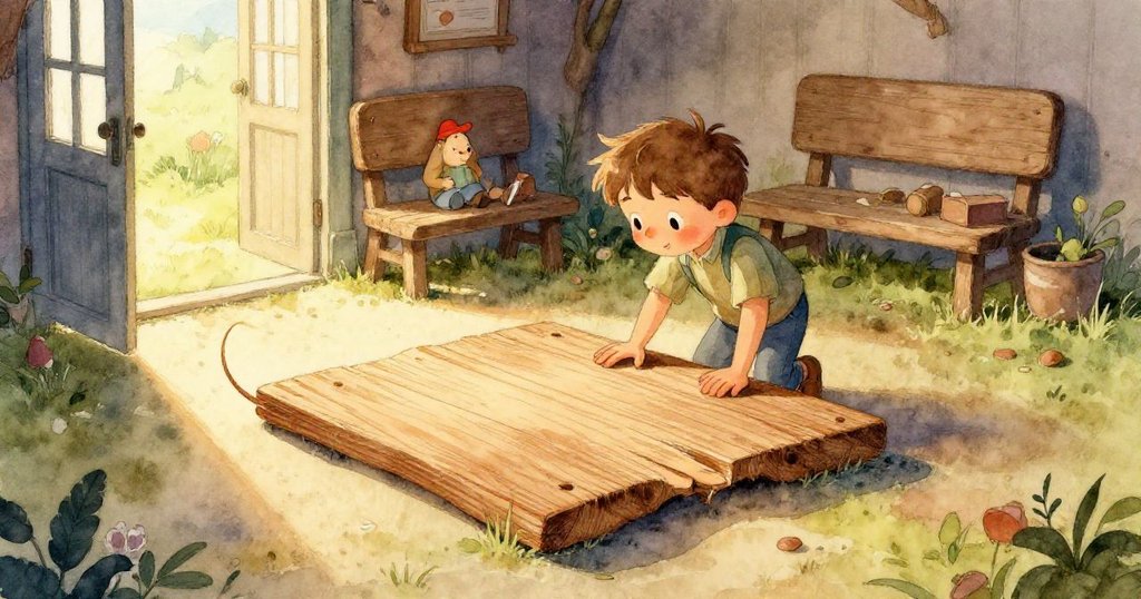 從杰斯帕視角看見木板上微小拱形雕刻，他流露出驚奇與探索，背景隱約展現作坊風情。