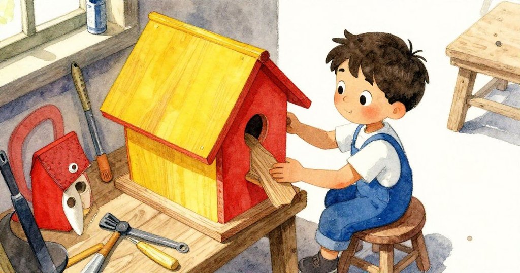 杰斯帕站在凳子上，從高處觀察並調整木板與鳥屋結構，動作細膩充滿專注與期待。