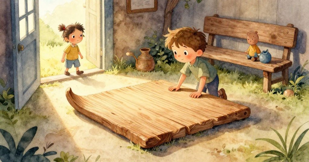 木板滑動瞬間停止，杰斯帕臉上顯現緊張與堅定，動作與環境充分展現木工挑戰。