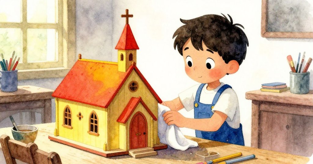 杰斯帕靜靜覆蓋著精緻教堂模型，暖光與木香中滿懷成就與寧靜，畫面充滿溫馨與藝術氣息。